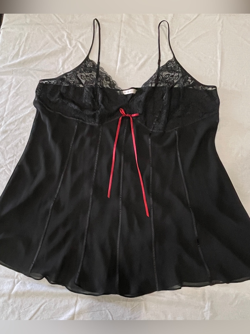 1x Sheer Lace w/Satin Trim Nighty by Cacique Black with Red Bow, Sensual & Sexy